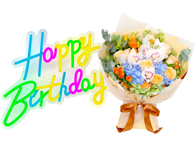 生日禮物 - 霓虹生日燈牌連大花束禮品組合 FH413  - BFAH0714A4 Photo